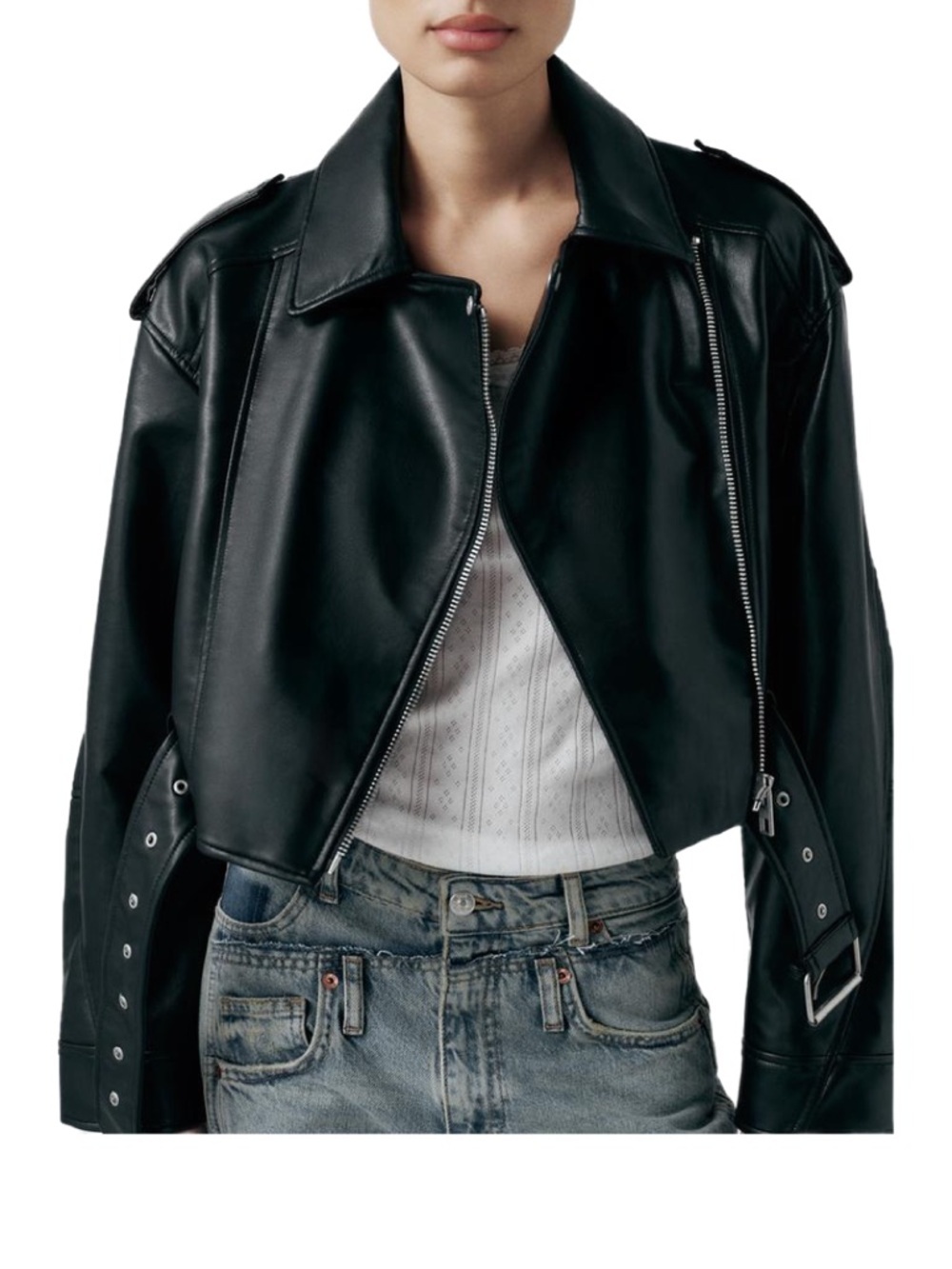 Zara Black Cropped Faux Leather Biker Moto Jacket Size Medium